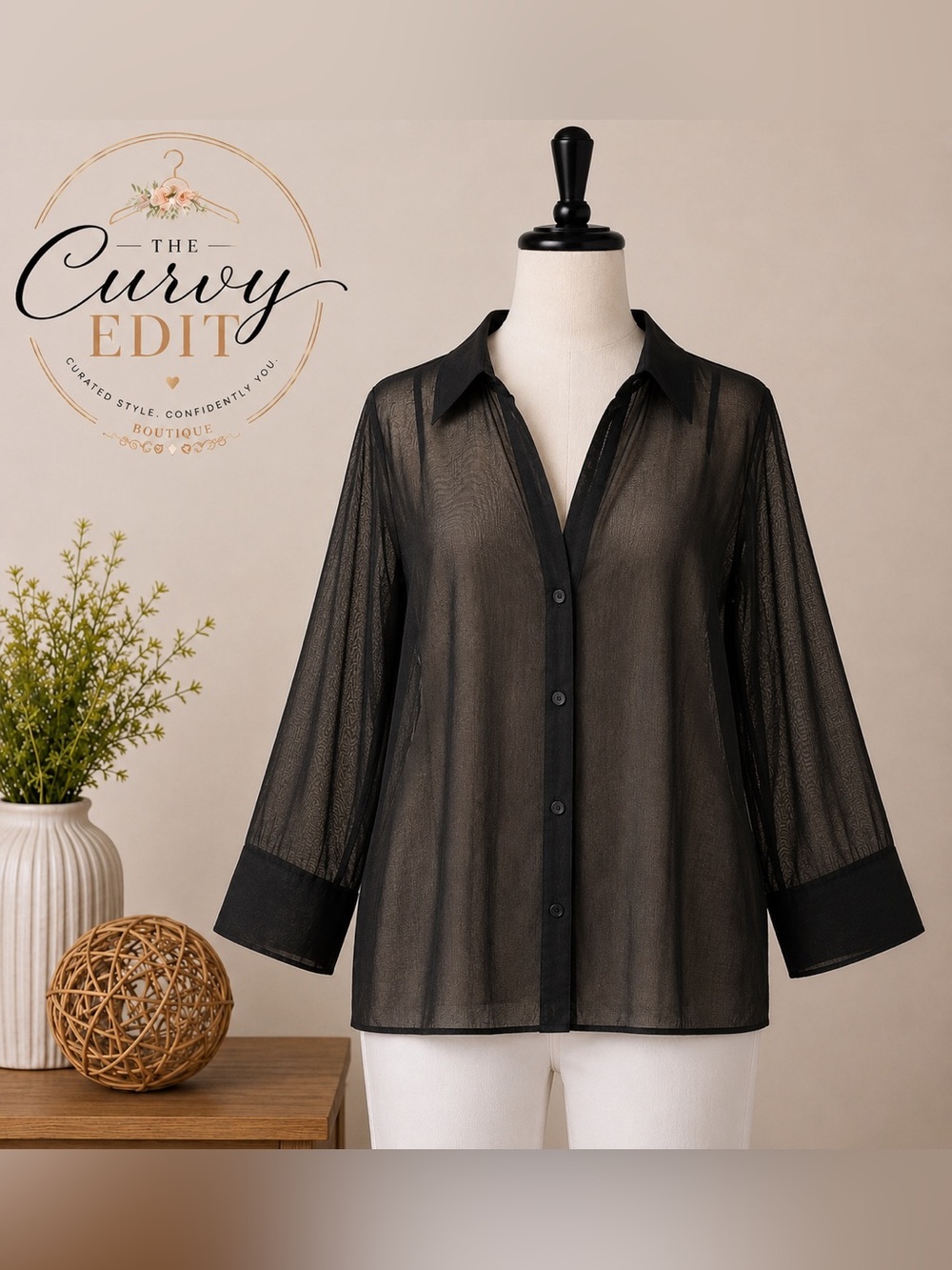 George Woman Sheer Button-Front Blouse | Women’s 18W/20W | Black Layering Top